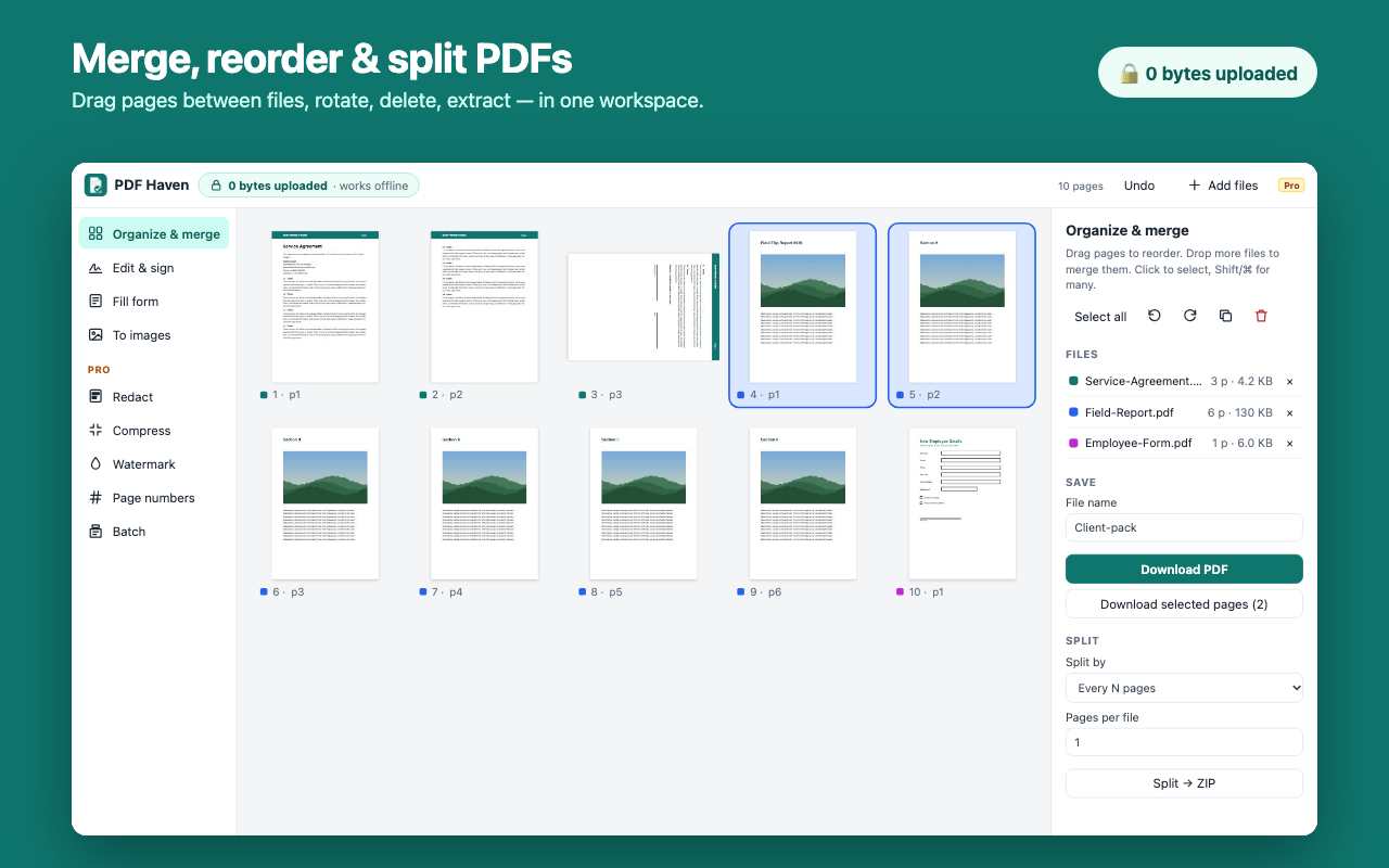 PDF Haven workspace merging three PDFs